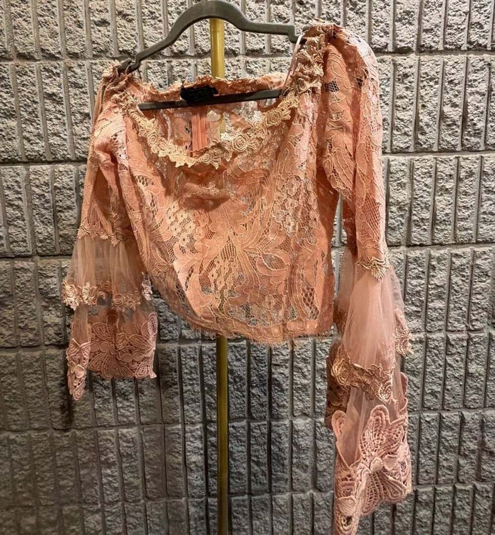 543 BLITHE Los Angeles Pink Lace Crop Top Off-The-Shoulder Bell Sleeve M